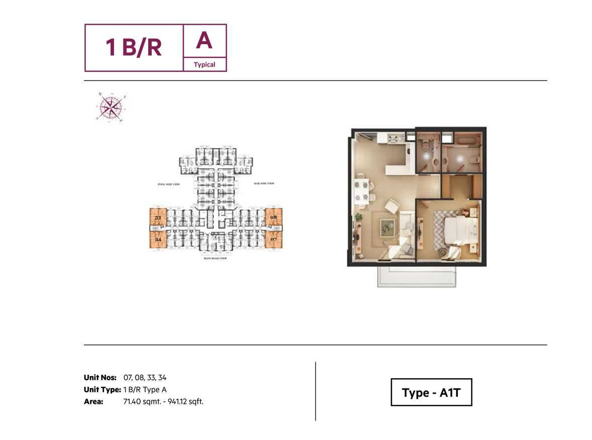 1BR,Type A, Size 941.12 Sq.ft